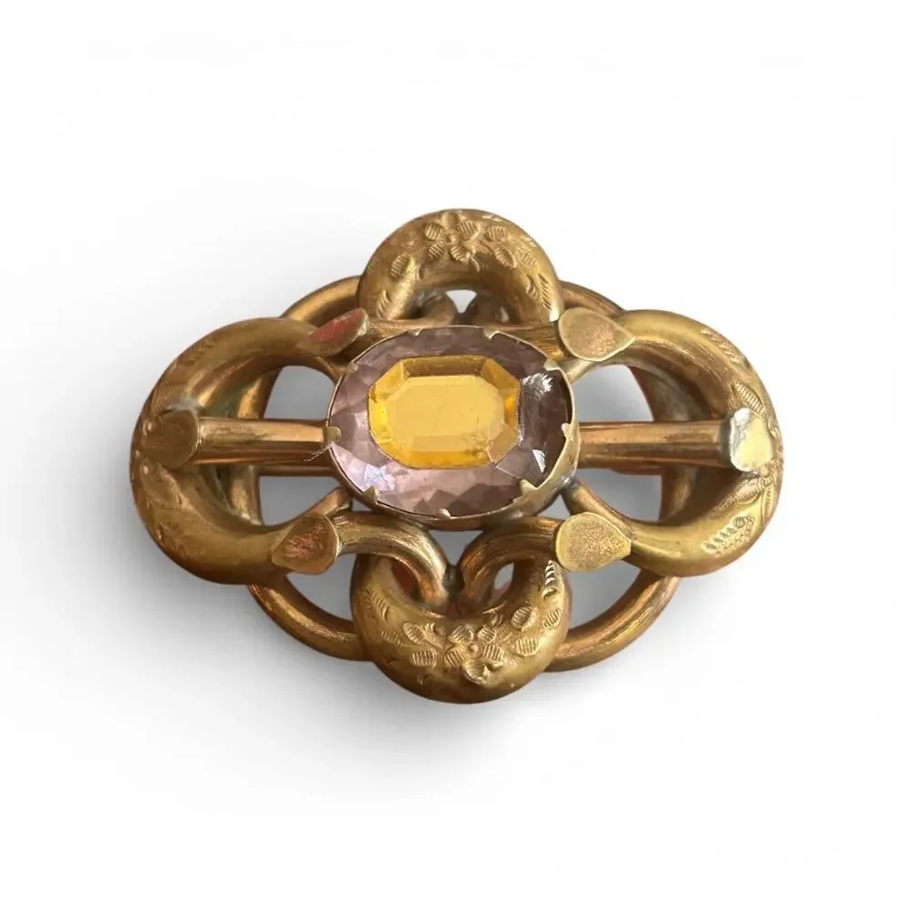 Victorian Gold Filled Lover's Knot Brooch, Faceted Paste Glass Center